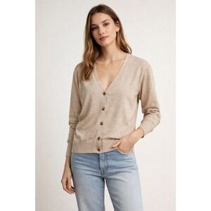 NWT Women's Beige V-Neck Cardigan Sweater L‎ scandi Minimalist granola coastal